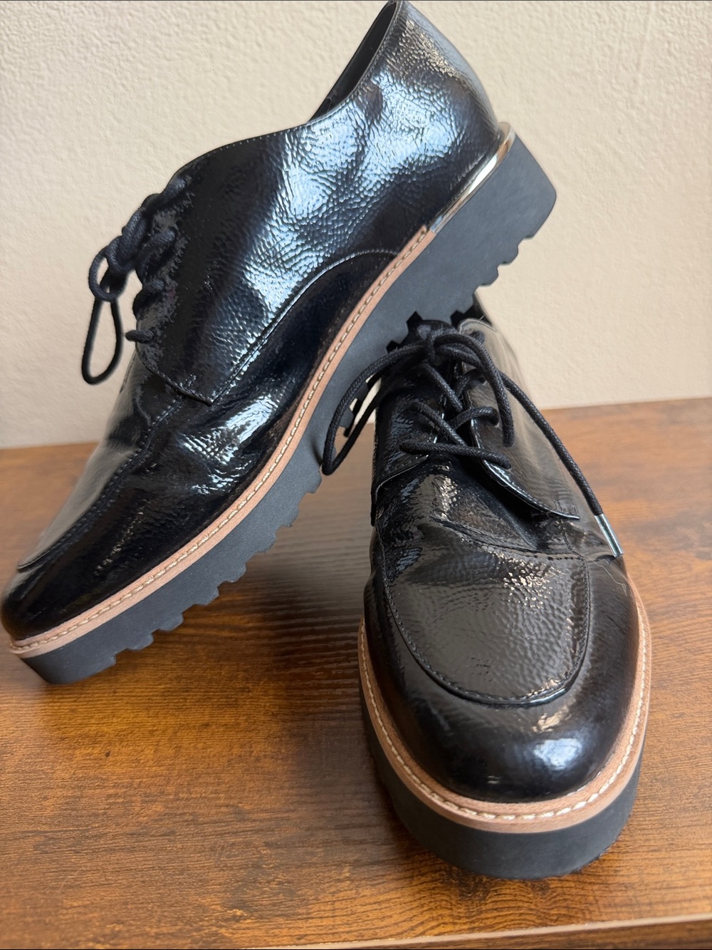Franco Sarto Black Patent Leather Lug Lace-Up Oxfords